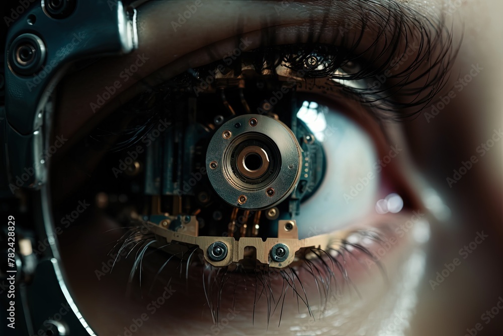 Poster robotic eye closeup macro shot generative ai