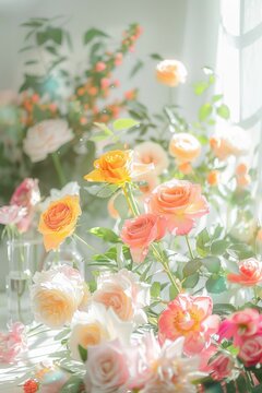 A serene image of delicate roses in varying colors, gently illuminated by soft, natural sunlight filtering through