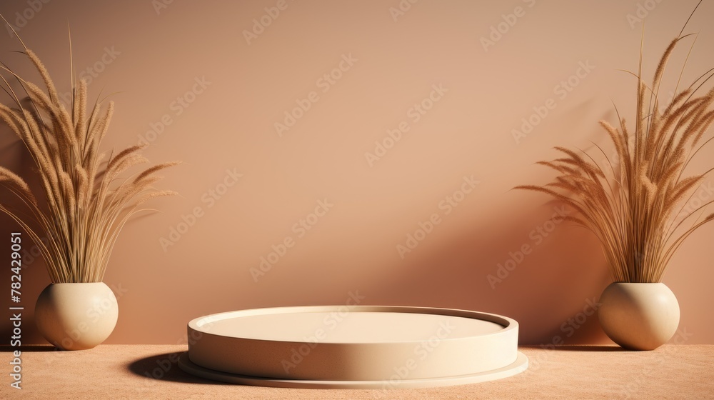 Poster minimalist desert podium with shade generative ai