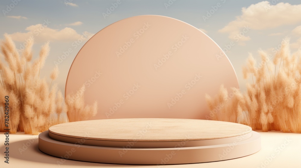 Aufkleber serene desert podium display with sunshade generative ai