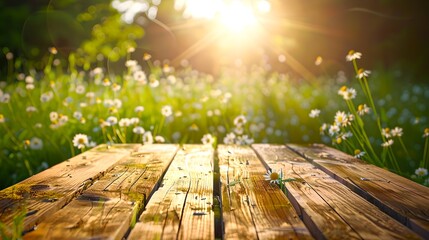 Serene Nature Backdrop with Warm Sunlight and Wooden Planks. Ideal for Spring and Summer Themes, Outdoor Relaxation Scene. Lush Greenery with Lens Flare. AI - obrazy, fototapety, plakaty