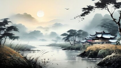 Traditional Chinese village, river, fog - obrazy, fototapety, plakaty