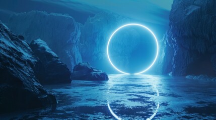 Abstract futuristic neon blue landscape, light round portal.