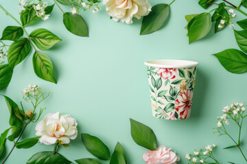 top view of paper cup with floral design and natural plant arrangement for sustainable living - obrazy, fototapety, plakaty