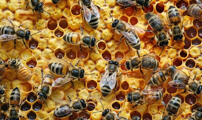 Wooden frame with bees crawling on wax honeycombs above the hive