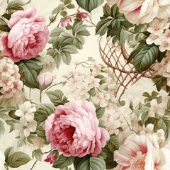 Nostalgic Floral Painting Style Seamless Pattern Generative AI - obrazy, fototapety, plakaty