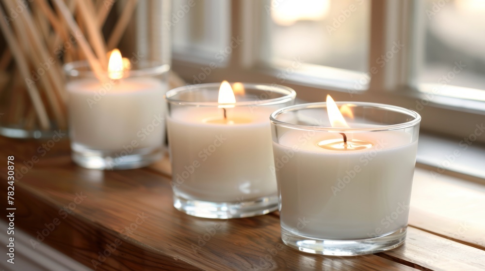 Poster tranquil spa ambiance candles and reed diffuser on table with soft focus background