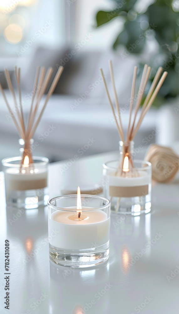 Poster tranquil spa setting lit candles and scented diffuser on table with soft background glow