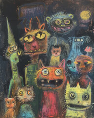 creepy little monster family, two wives, four cats, and two dogs, oil pastel 