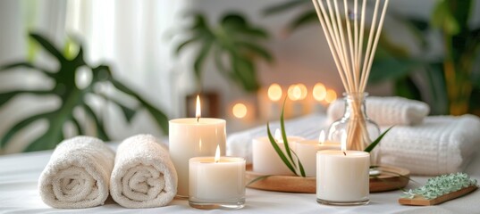Fototapeta na wymiar Tranquil spa ambiance lit candles and reed diffuser on table with soft background light