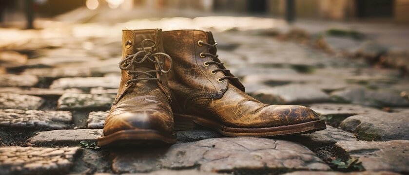 A worn-out pair of leather boots treads on cobblestone streets, the detailed craftsmanship aglow in the golden hour light, evoking timeless journeys.