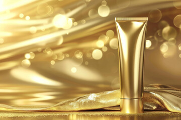 luxury gold cosmetic cream tube on a draped satin fabric for beauty branding