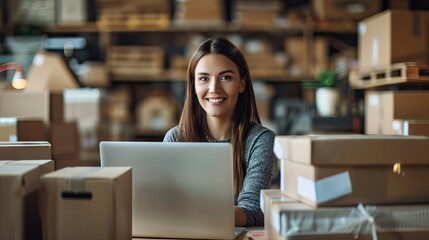 Young woman freelancer sme business online shopping look at camera with cardboard box on table at home - Business online shipping and delivery concept. AI generated illustration