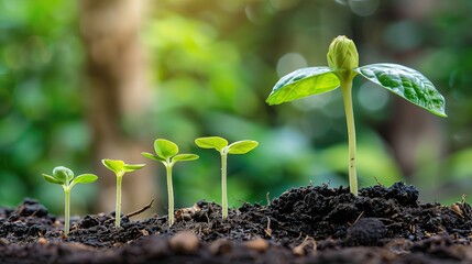 Green plant growing in the soil with sunlight background. Ecology concept