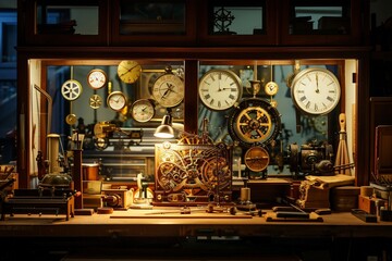 Vintage clockmaker workshop, the intricate mechanisms of clocks shine brightly, details vivid against the shadowy, timeless surroundings.