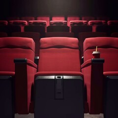 Interior of an empty movie theater with rows of red seats with cup holders and popcorn. Entertainment concept. 3d rendering of a rendered image