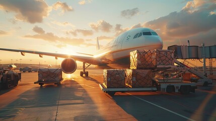 Fototapeta na wymiar Airplane with cargo boxes and loading crew at airport, wide plane in the sunlight. The success of air transport, flight travel, and shipping. AI generated illustration