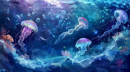 Underwater world, fish, wave background, jellyfish.