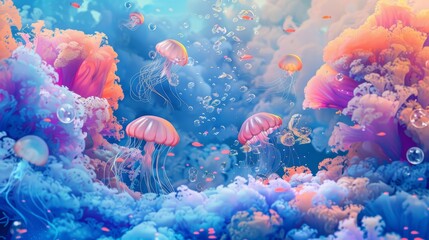 Underwater world, fish, wave background, jellyfish.