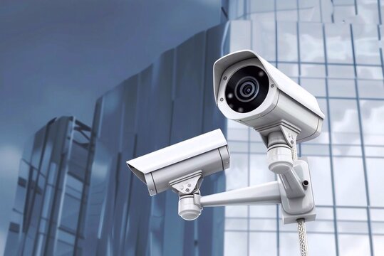 Modern CCTV camera on the wall. Blurred background. Surveillance and monitoring concept.  image double exposure mockup on clean empty copy space