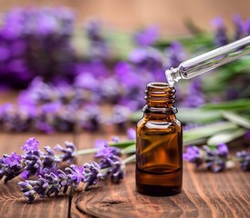 Glass bottle of lavender essential oil with fresh lavender flowers and dried lavender seeds on rustic table, aromatherapy spa massage concept. Lavender Oleum
