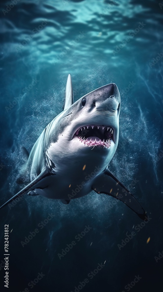 Poster shark in the style of bokehon dark background full in focus generative ai