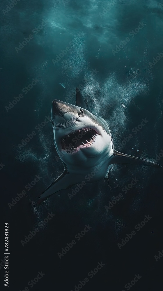 Poster shark in the style of bokehon dark background full in focus generative ai