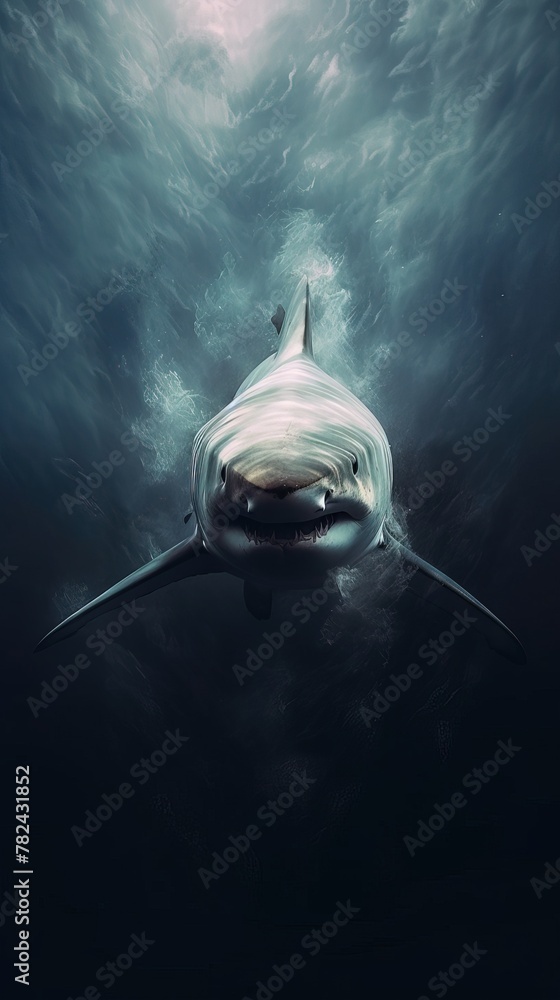 Poster shark in double exposure style on dark background generative ai