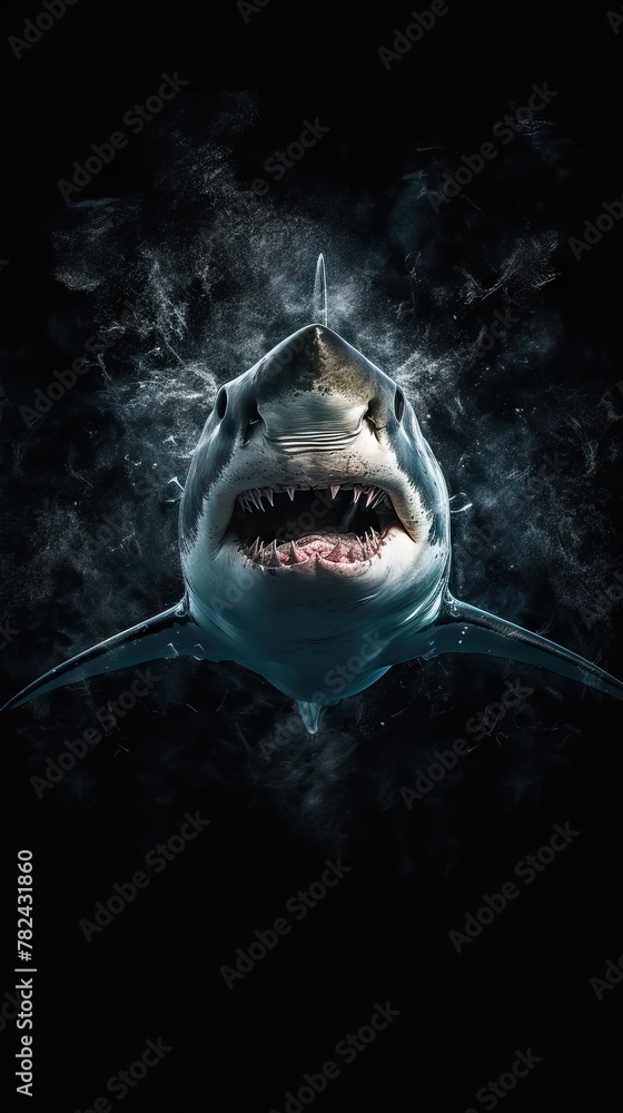 Poster shark in double exposure style on dark background generative ai