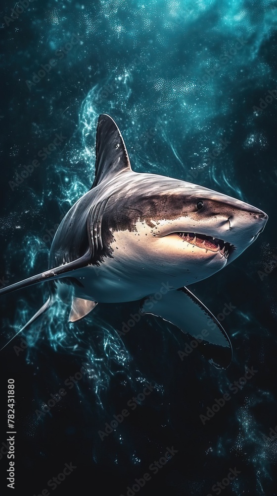 Poster shark in double exposure style on dark background generative ai