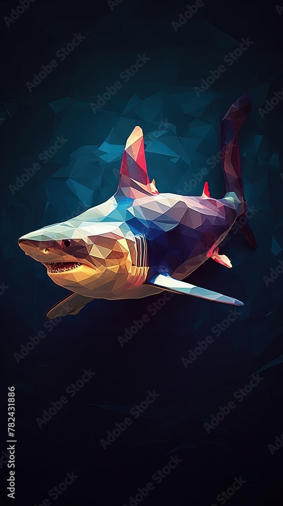 Poster shark in low poly style on dark background generative ai