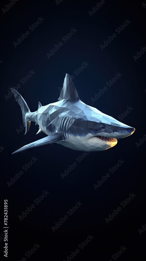 Poster shark in low poly style on dark background generative ai