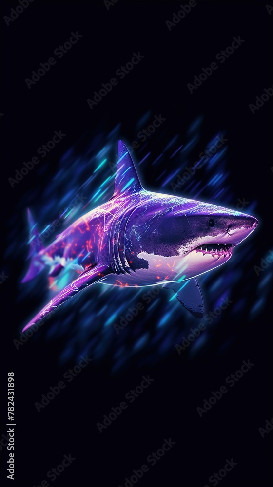 Poster shark in glitch art style on dark background generative ai