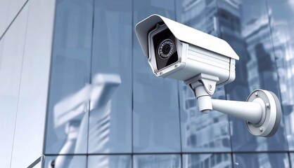 Modern CCTV camera on the wall. Blurred background. Surveillance and monitoring concept.  image double exposure mockup on clean empty copy space