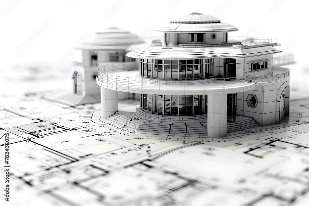 Poster precision meets artistry: architectural blueprint and model showcase. concept architecture, precisio