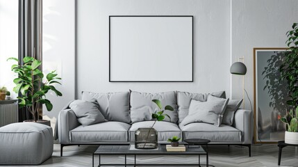 Single vertical ISO A1 frame mockup, reflective glass, mockup poster on the floor of living room. Interior mockup. Apartment background. Modern interior design. 3D render