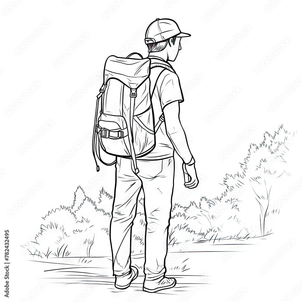 Poster continuous line drawing of a hiker man with backpacks hiking and traveling generative ai