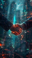 Close-up of shaking hands two businessmen in a modern city with double exposure network interface. Connection and partnership concept