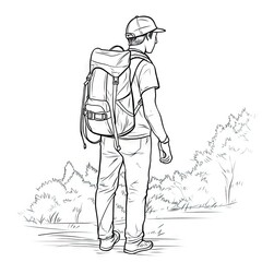 Obraz premium Continuous Line Drawing of a Hiker Man with Backpacks Hiking and Traveling Generative AI