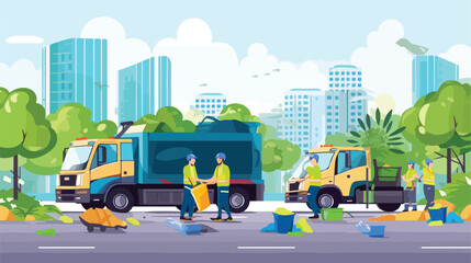 Cartoon street cleaners working near road. City lan