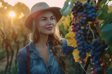 A woman in a sun hat smiles while picking grapes in an electric blue vineyard