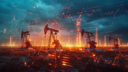 Rise in gasoline prices concept with double exposure of digital screen with financial chart graphs and oil pumps on field - obrazy, fototapety, plakaty