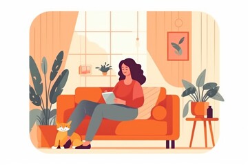 Smiling Woman Using Cell Phone on Couch Generative AI