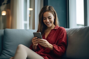 Smiling Woman Using Cell Phone on Couch Generative AI