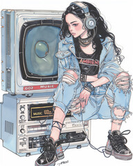 cute 20yo fashion girl,isolated. themed 'Retro. electronic infrastructure and old VHS audio 8 track floppy disk tape that says AMBIENT MUSIC 002 written in marker
