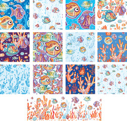 Set of Seamless Pattern with Decorative fishes and Corals