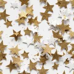Obraz premium Golden Glitter Stars on White Background - Decoration, Design, Party Generative AI