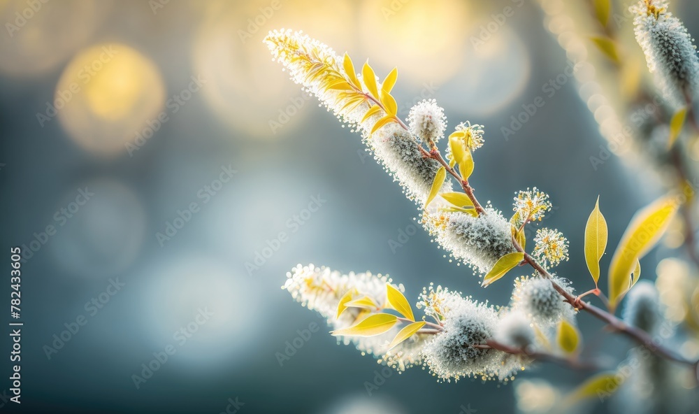 Poster spring background with blossom of pastel grey fluffy willow branches and bokeh front view with copy 