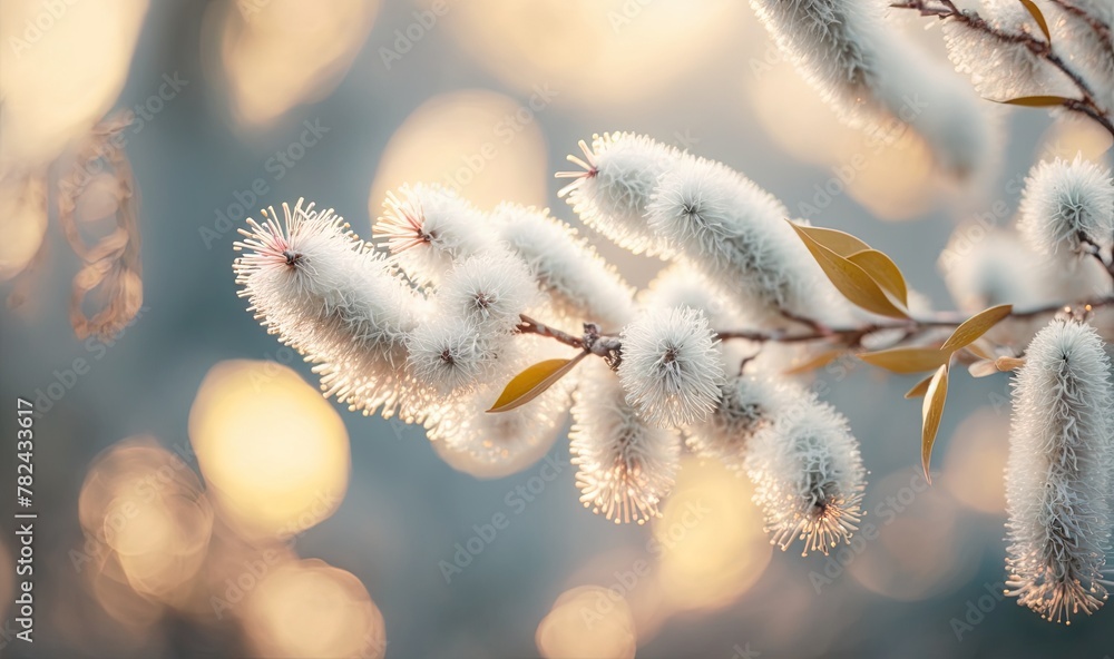 Poster spring background with blossom of pastel grey fluffy willow branches and bokeh front view with copy 