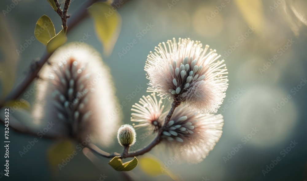 Poster spring background with blossom of pastel grey fluffy willow branches and bokeh front view with copy 